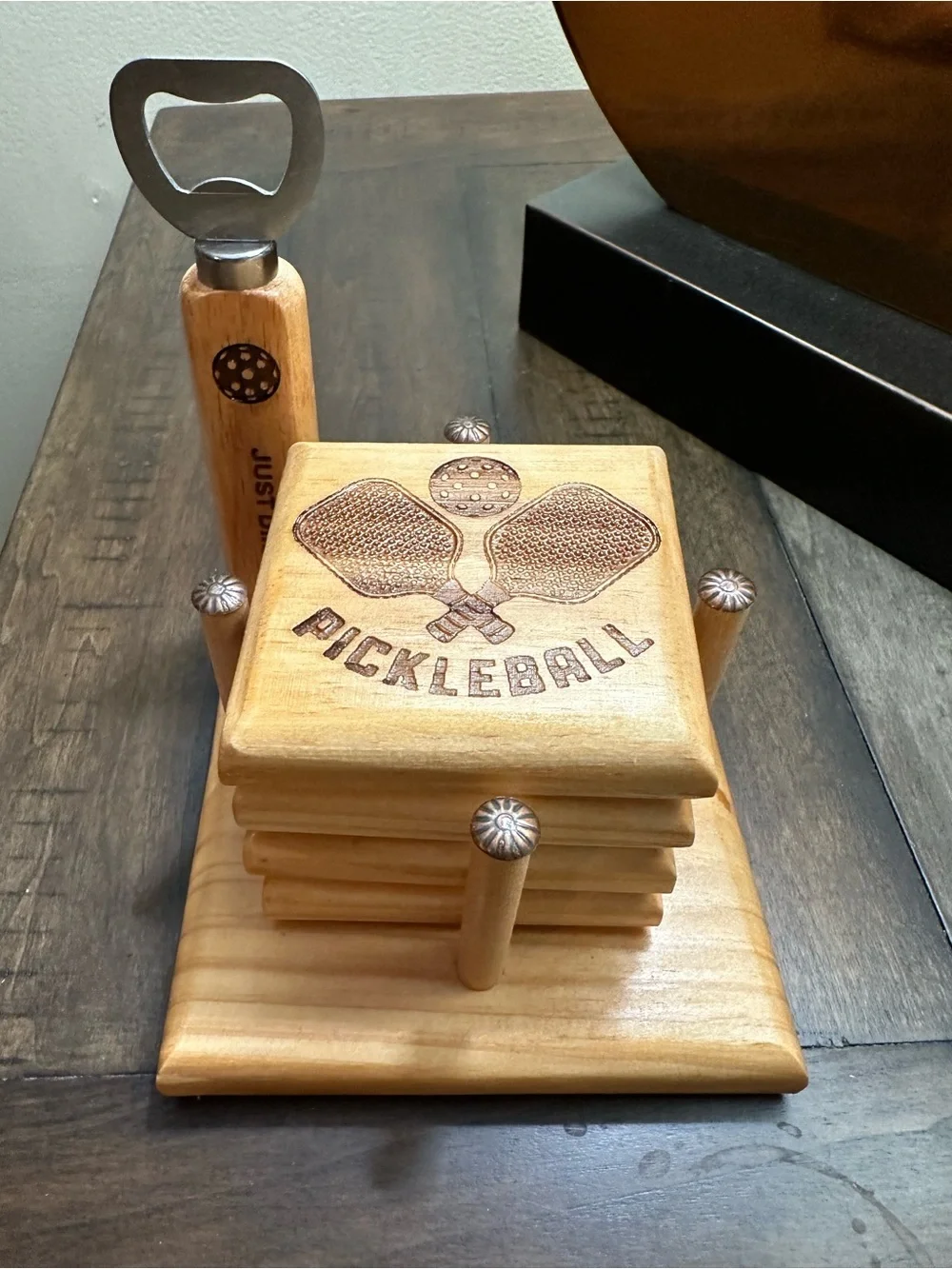 Handcrafted Wooden Pickleball Coaster Set with Holder & Bottle Opener - New